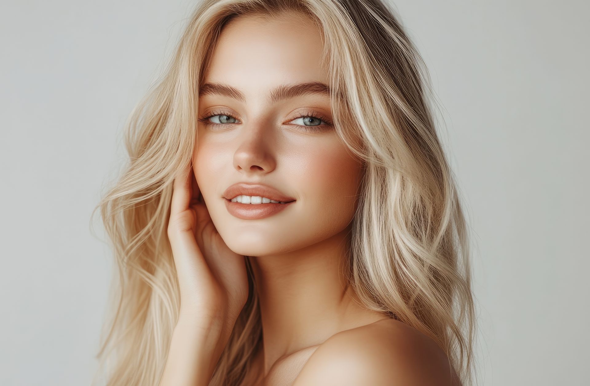 Eine Frau mit langen blonden Haaren lächelt und berührt ihr Gesicht.