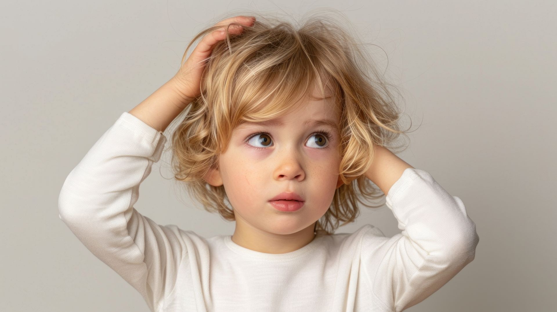 Ein kleiner Junge mit blonden Haaren kratzt sich am Kopf.