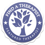 A purple sticker that says `` find a therapist featured therapist '' with a tree in the center.