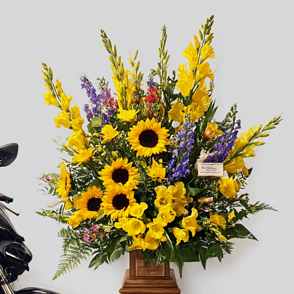 Sunny funeral floral tribute featuring sunflowers and yellow gladiolas for a cremation with memorial