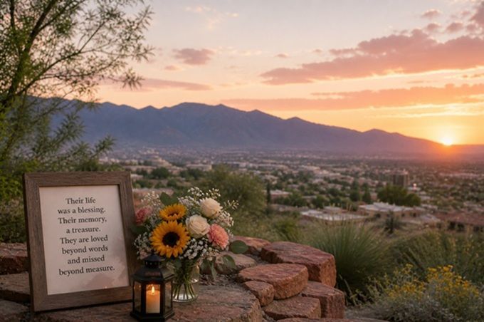 Peaceful Albuquerque sunset over desert valley with mountains, flowers, and glowing lantern