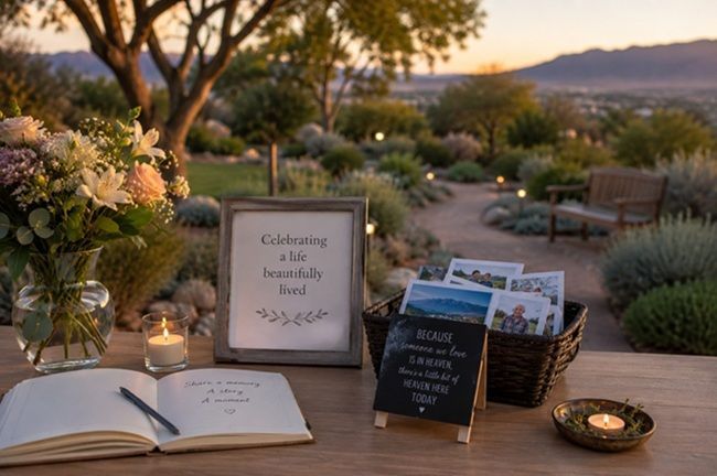 Memorial service storytelling display at funeral homes Rio Rancho, NM with candles and flowers