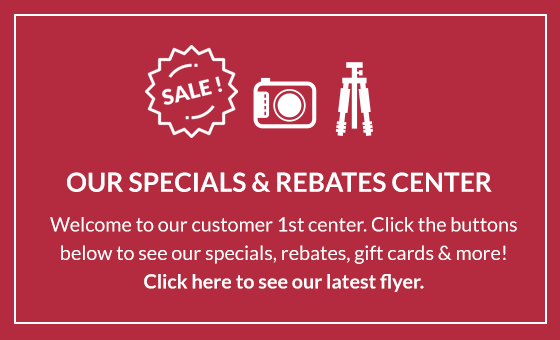 A red flyer that says our specials and rebates center