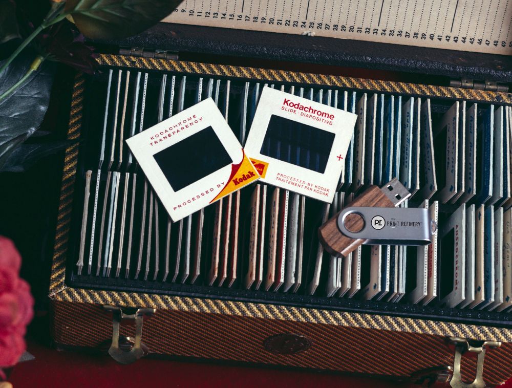 A kodak slide is sitting on top of a display case