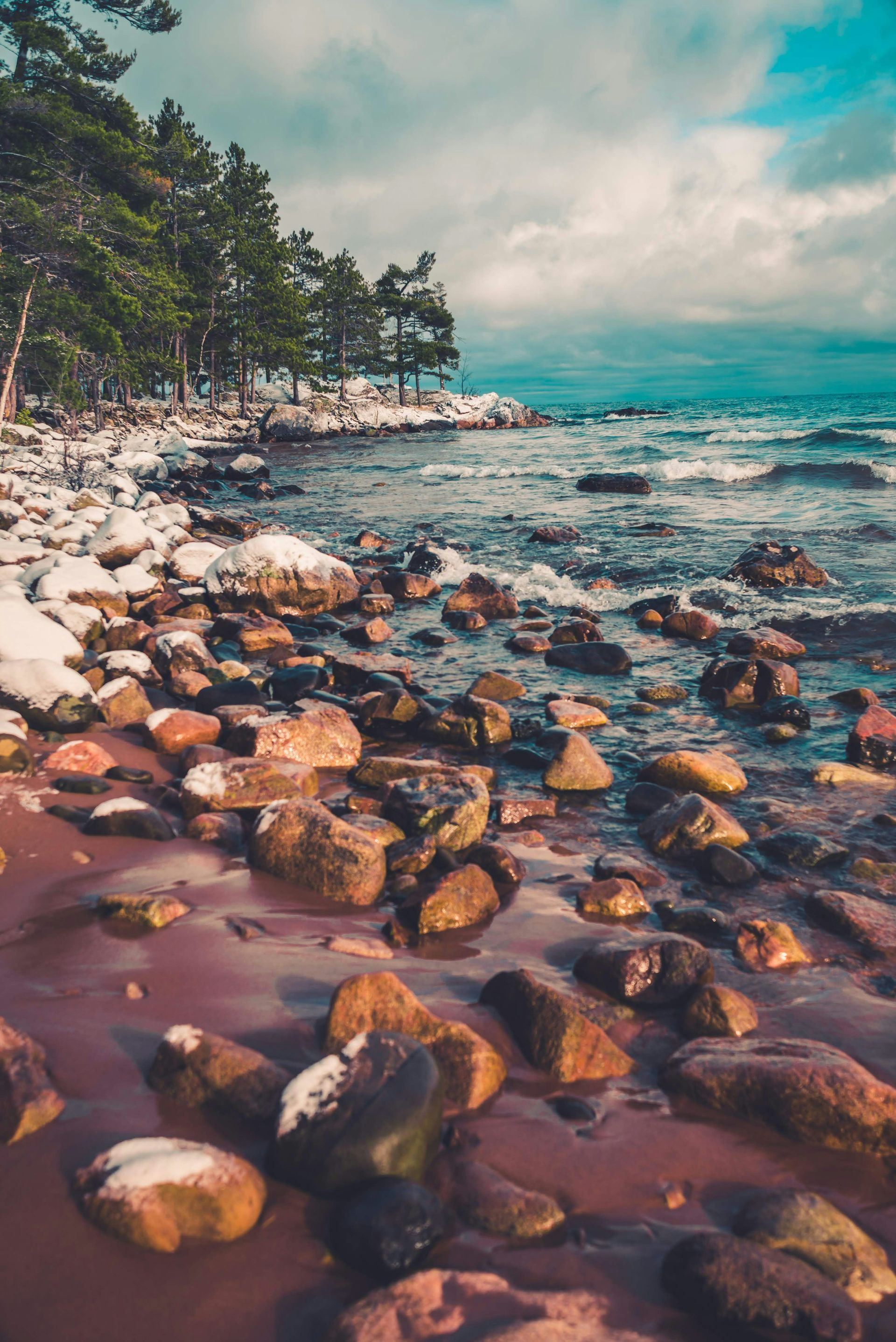 Rocky shoreline with snow, trees, and water under a cloudy sky.