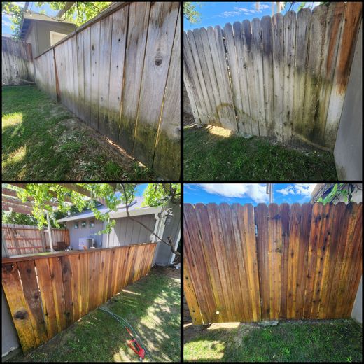 Collage of a weathered wooden fence in a sunny backyard, shown from four angles.