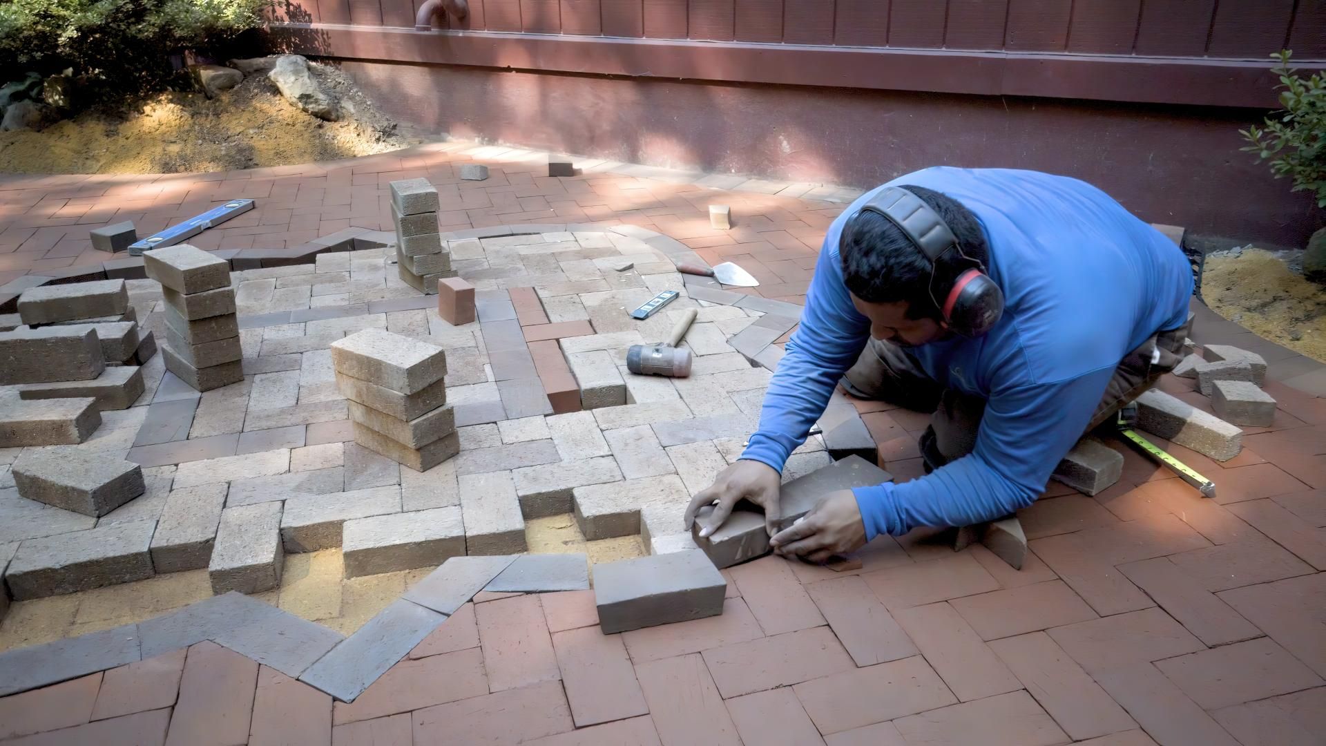 a man is laying bricks on a patio .