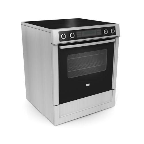 A stainless steel oven with a black door is sitting on a white surface.