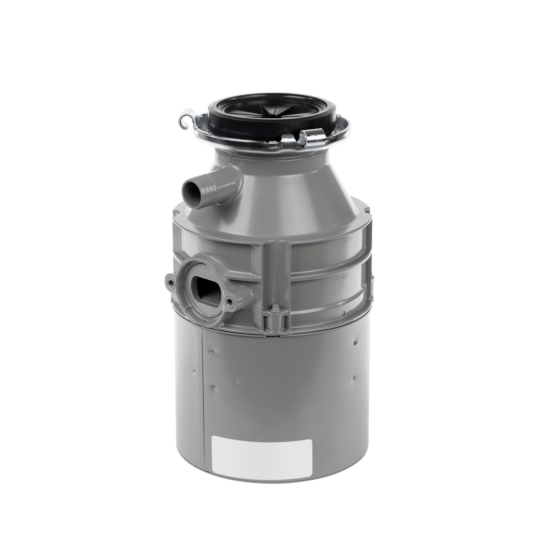 A gray garbage disposal with a black lid on a white background.