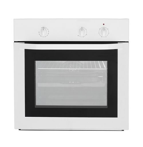 A white oven with a glass door on a white background.