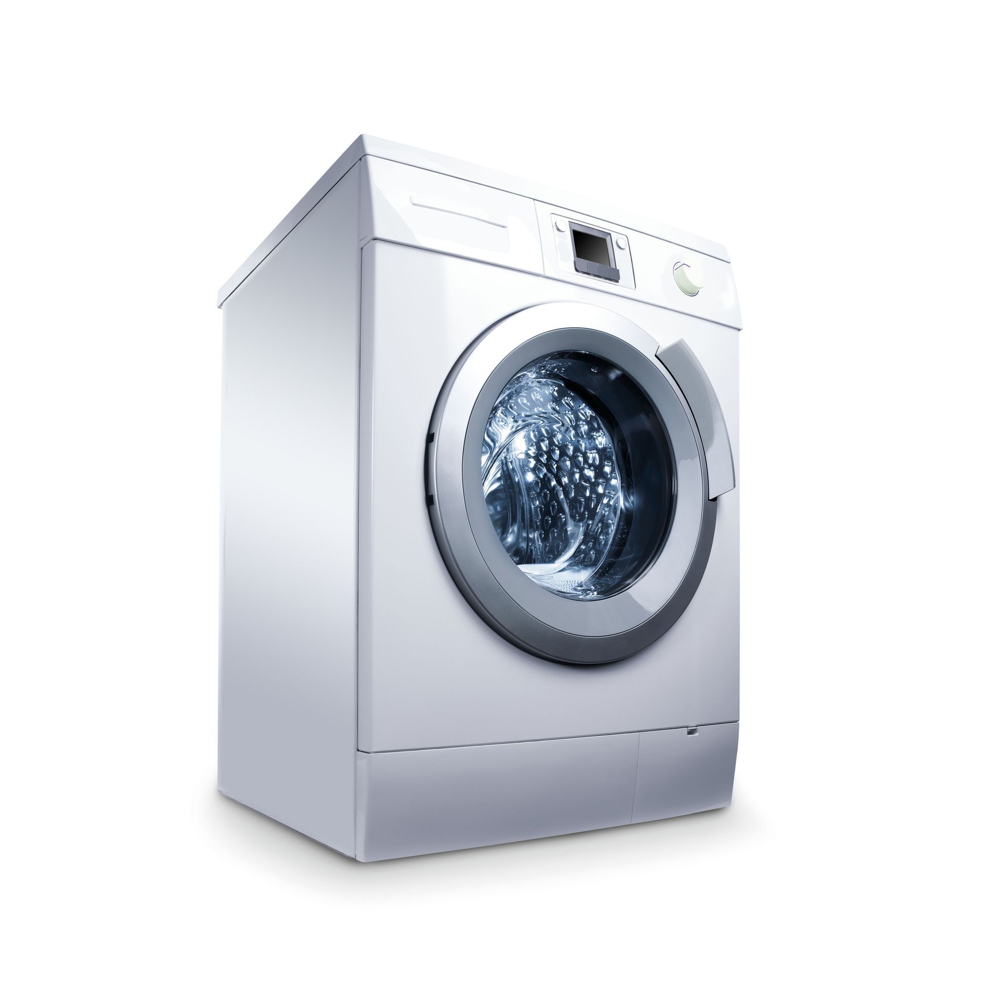 A white washing machine with the door open on a white background