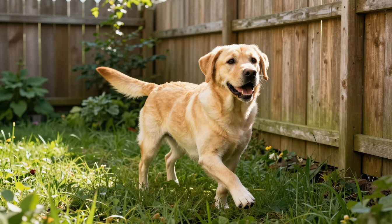 photorealistic happy labrador playing in a secure green garden with high wooden fencing natural sunlight high quality detail