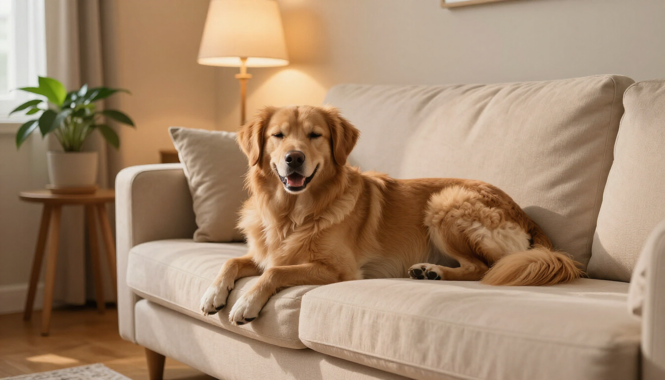 Golden retriever lying on a beige couch in a cozy living room with a lamp and plant nearby