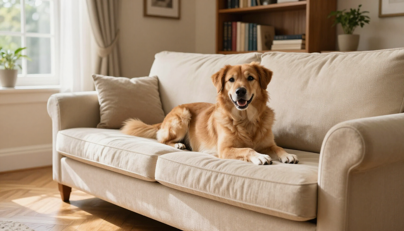 A happy dog enjoying a home environment during boarding.