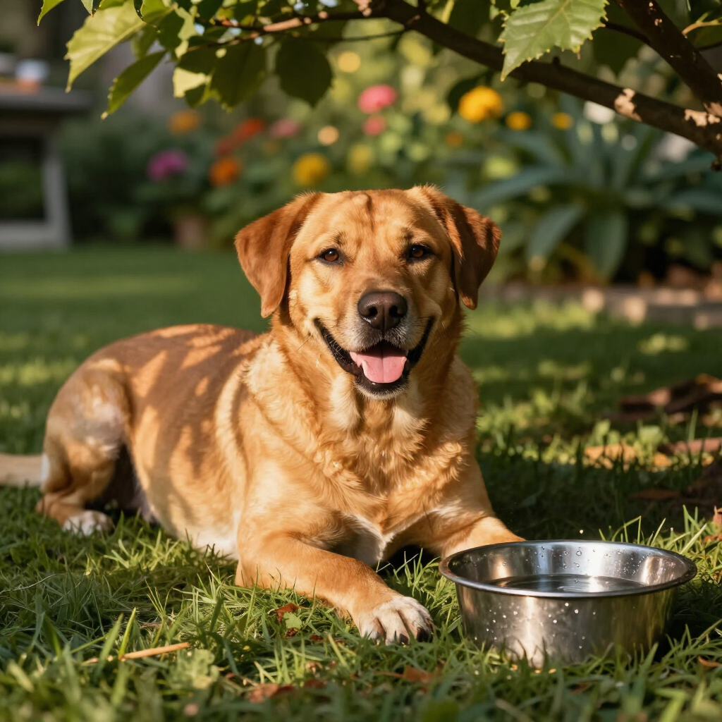 Dog laying down in the sun next to a water bowl