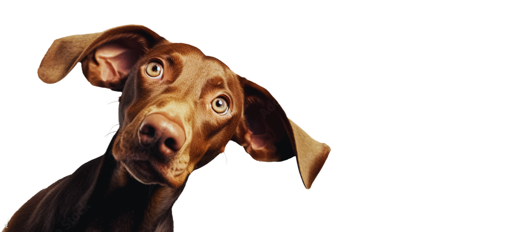 Brown dog with floppy ears tilting its head against a white background