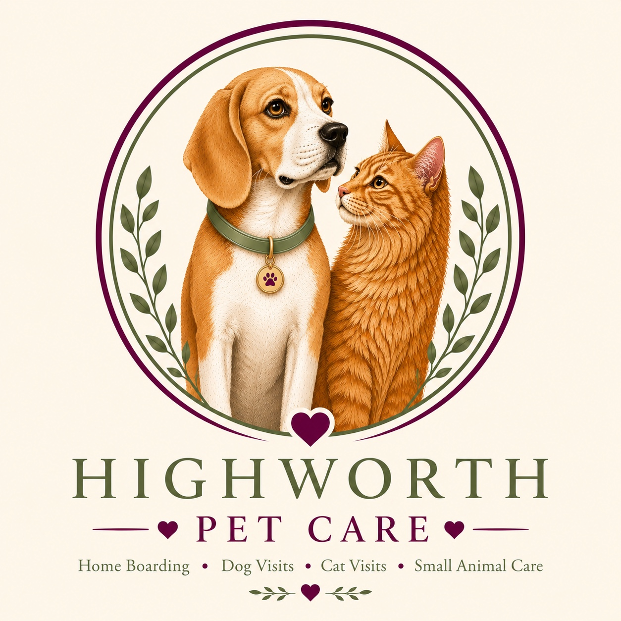 Highworth Pet Care logo with a dog and cat in a green wreath, plus service text and a heart icon