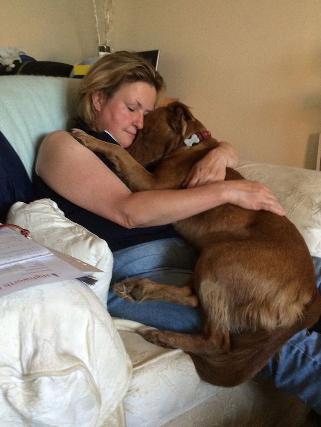 Woman on a couch hugging a brown dog in a cozy living room.