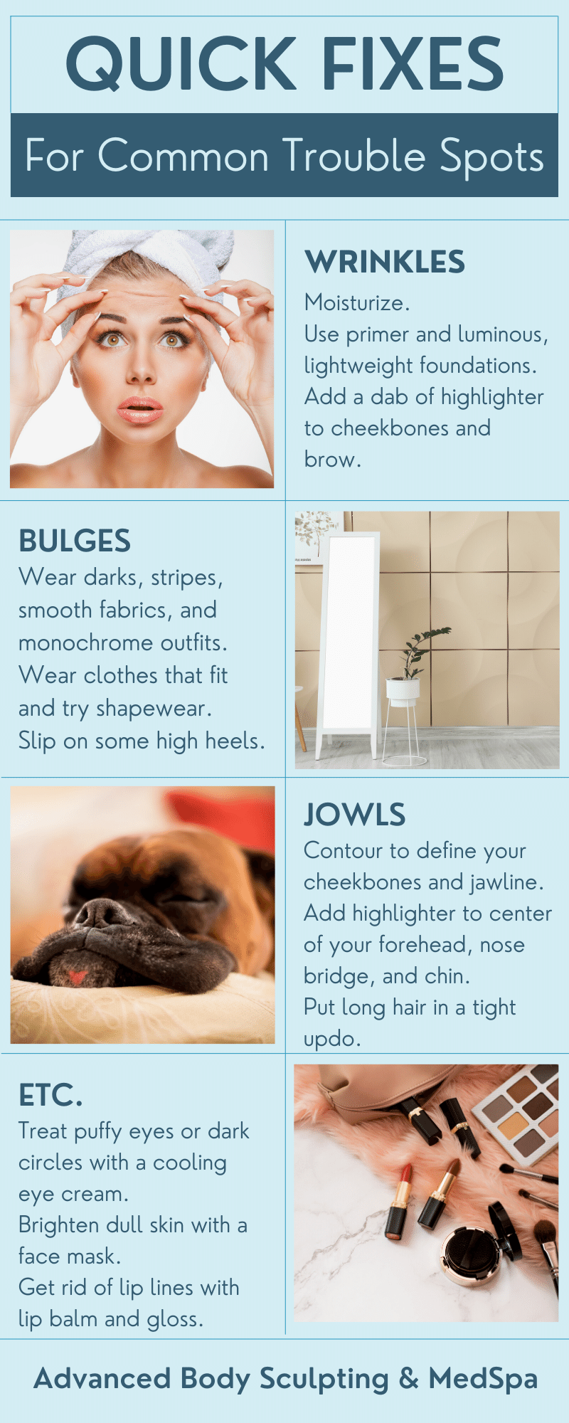 infographic on quick fixes for wrinkles, jowls, and bulge