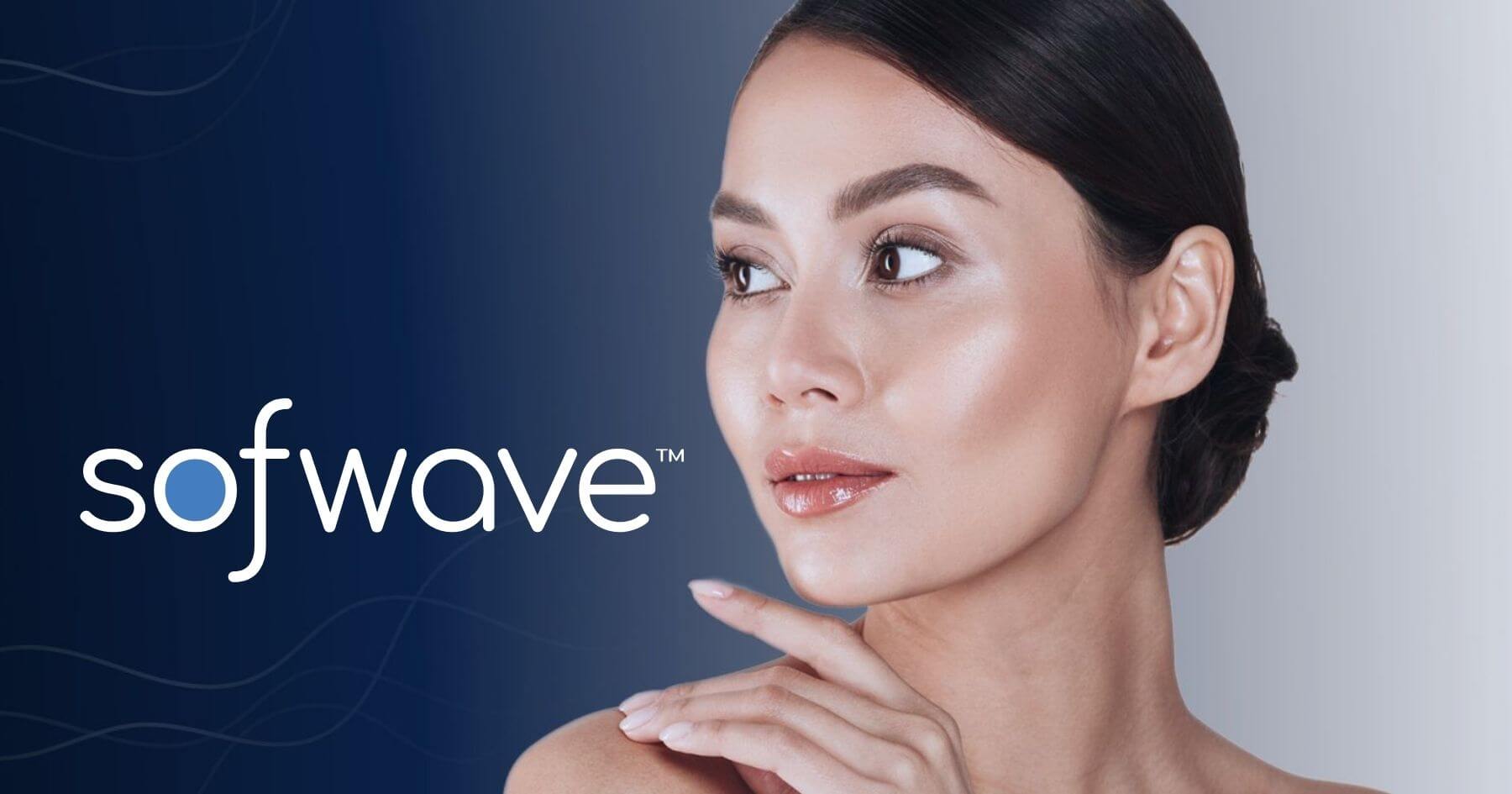 A woman is touching her face in front of a sofwave logo.