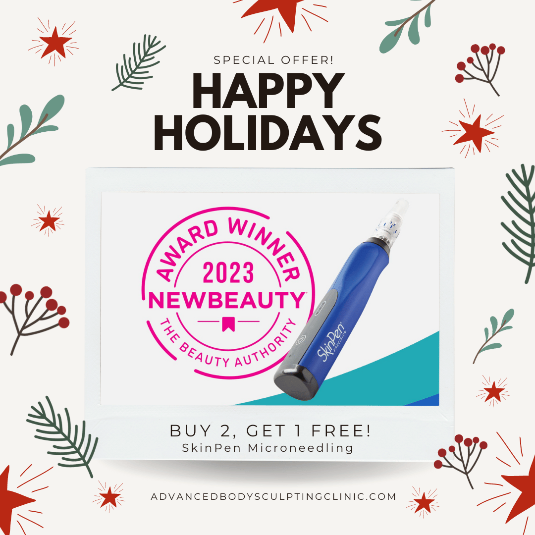 A happy holidays advertisement with a picture of a bottle and a stamp that says award winner 2023 new beauty.