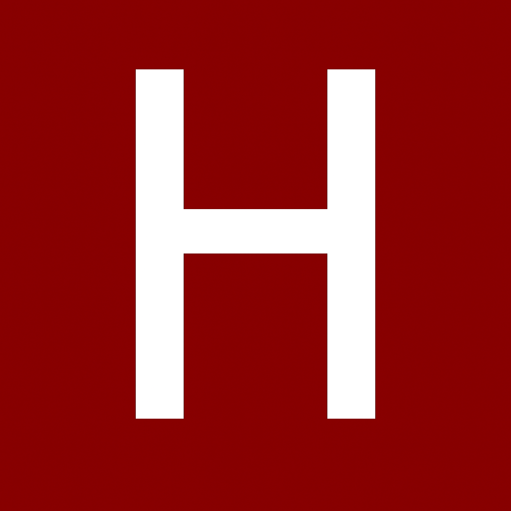 White capital letter "H" on a dark red background.
