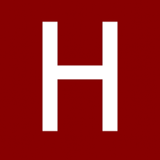 White capital letter "H" on a dark red background.