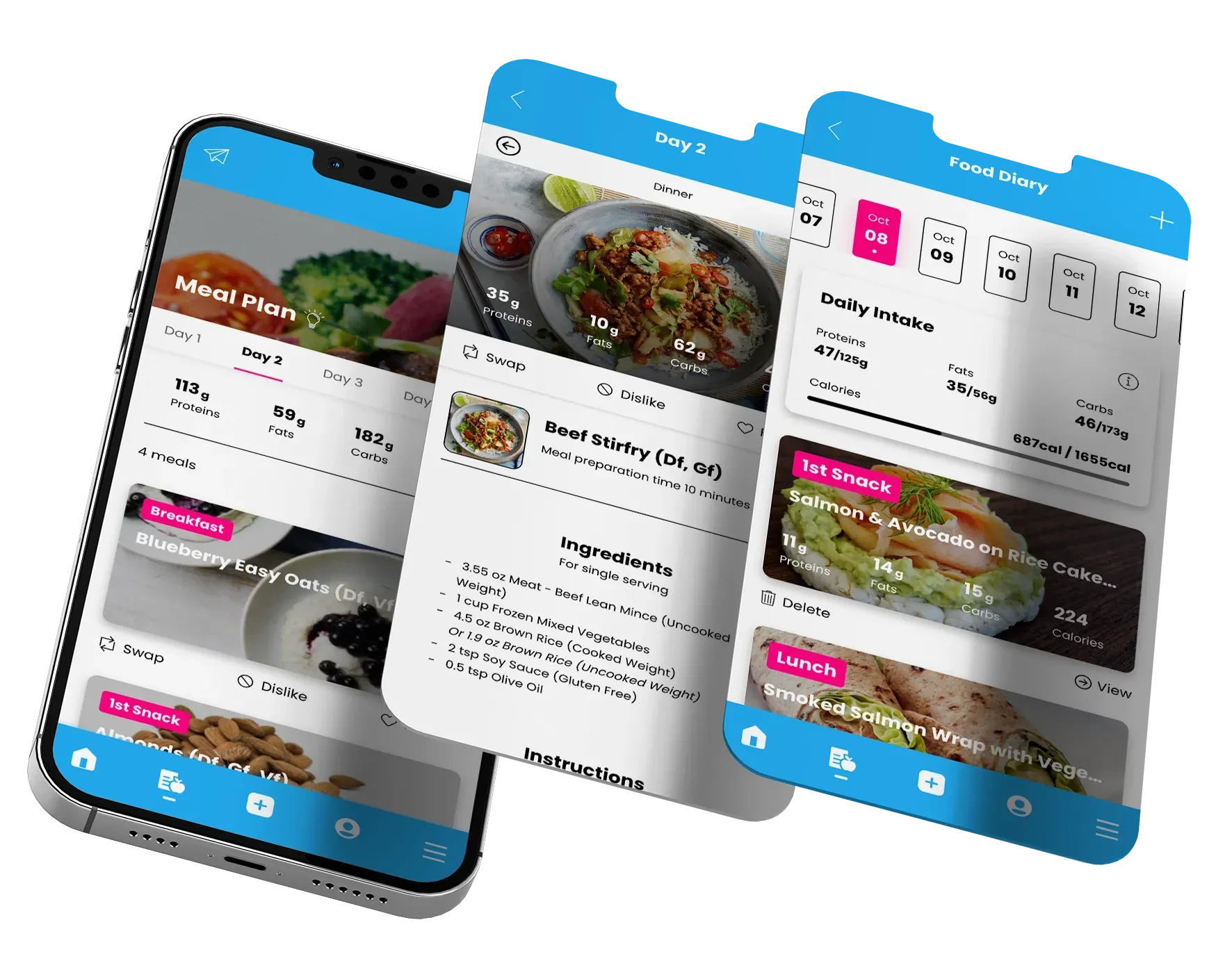 Screenshots of a mobile app showcasing healthy meal options, with a blue and white color scheme.