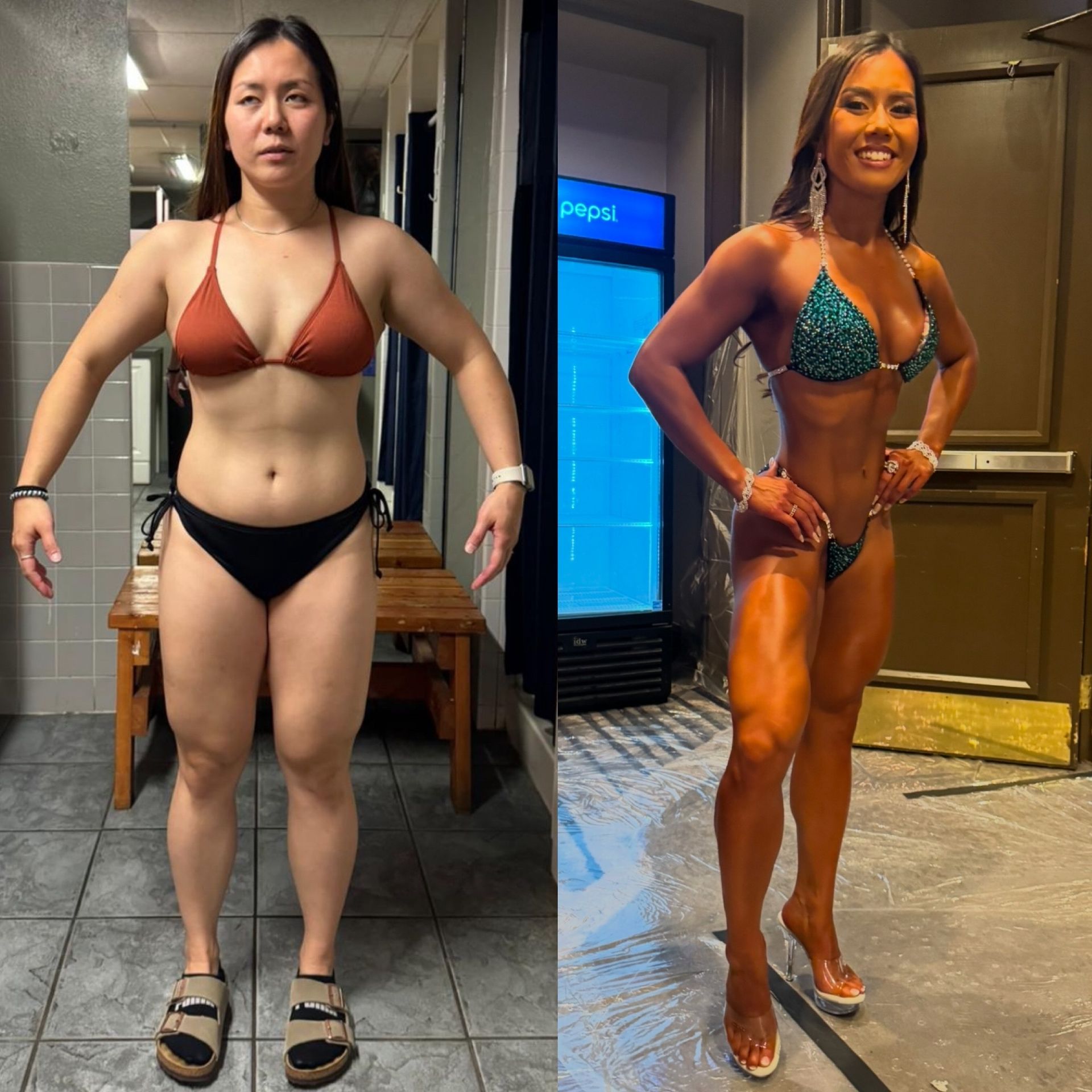 Woman's before-and-after body transformation.