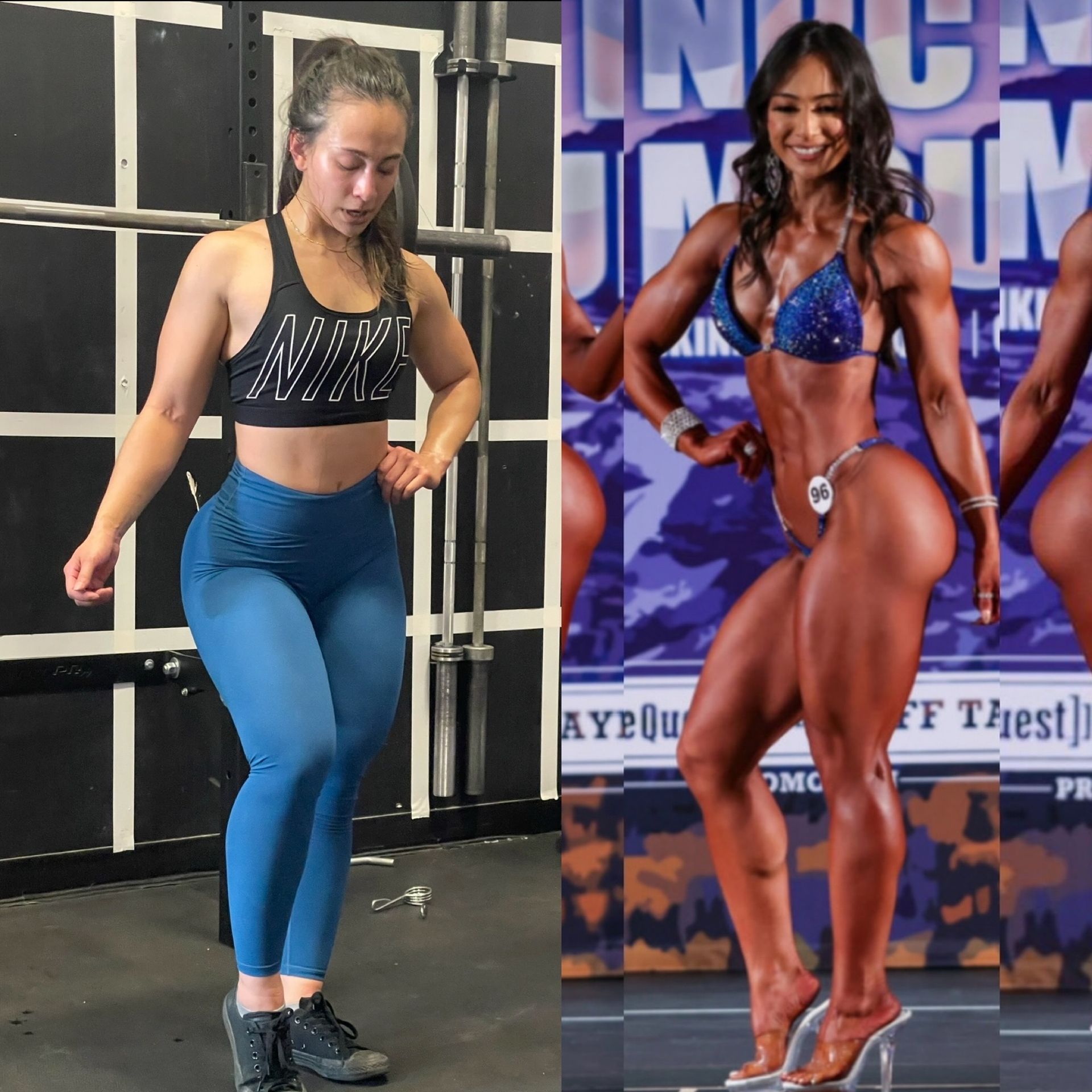 Side-by-side comparison of woman: one in gym attire, the other in a bikini at a bodybuilding competition.
