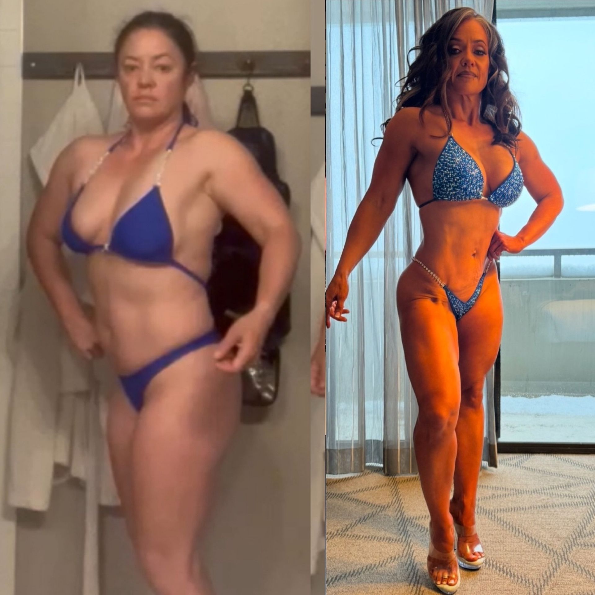 Before and after transformation: woman in blue bikini, posing with improved muscle definition.