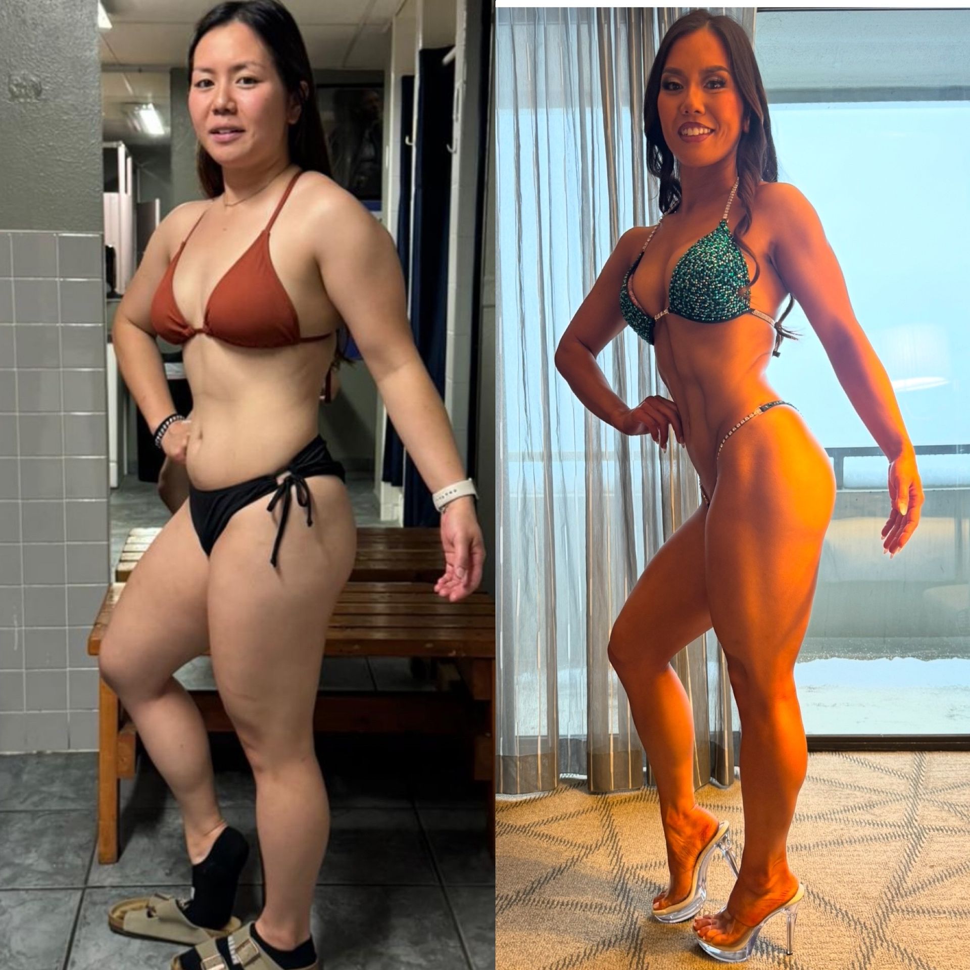 Transformation photo: Woman in swimwear, before and after fitness journey.