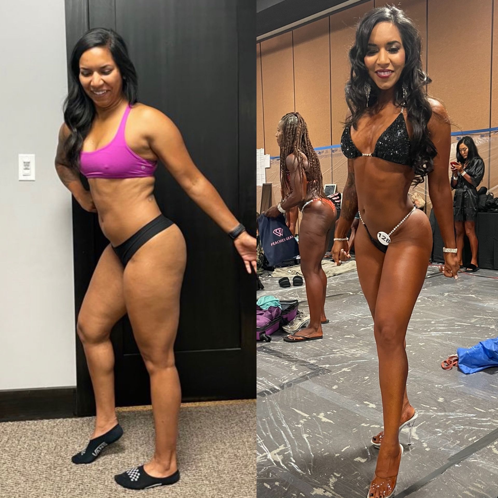 Before and after photos of a woman; first in gym attire, then in a bikini on a stage, smiling.