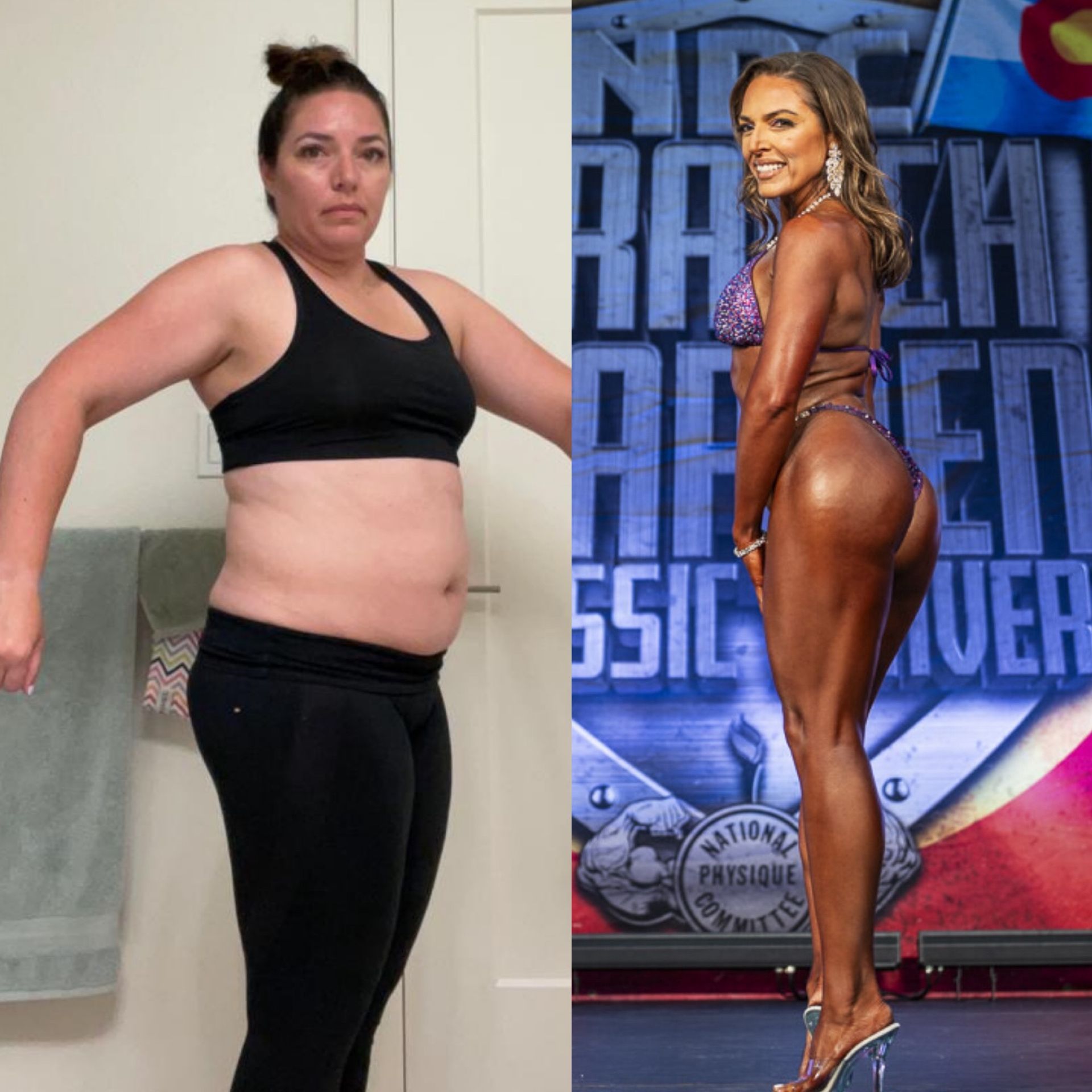 Woman's before/after weight loss photos.