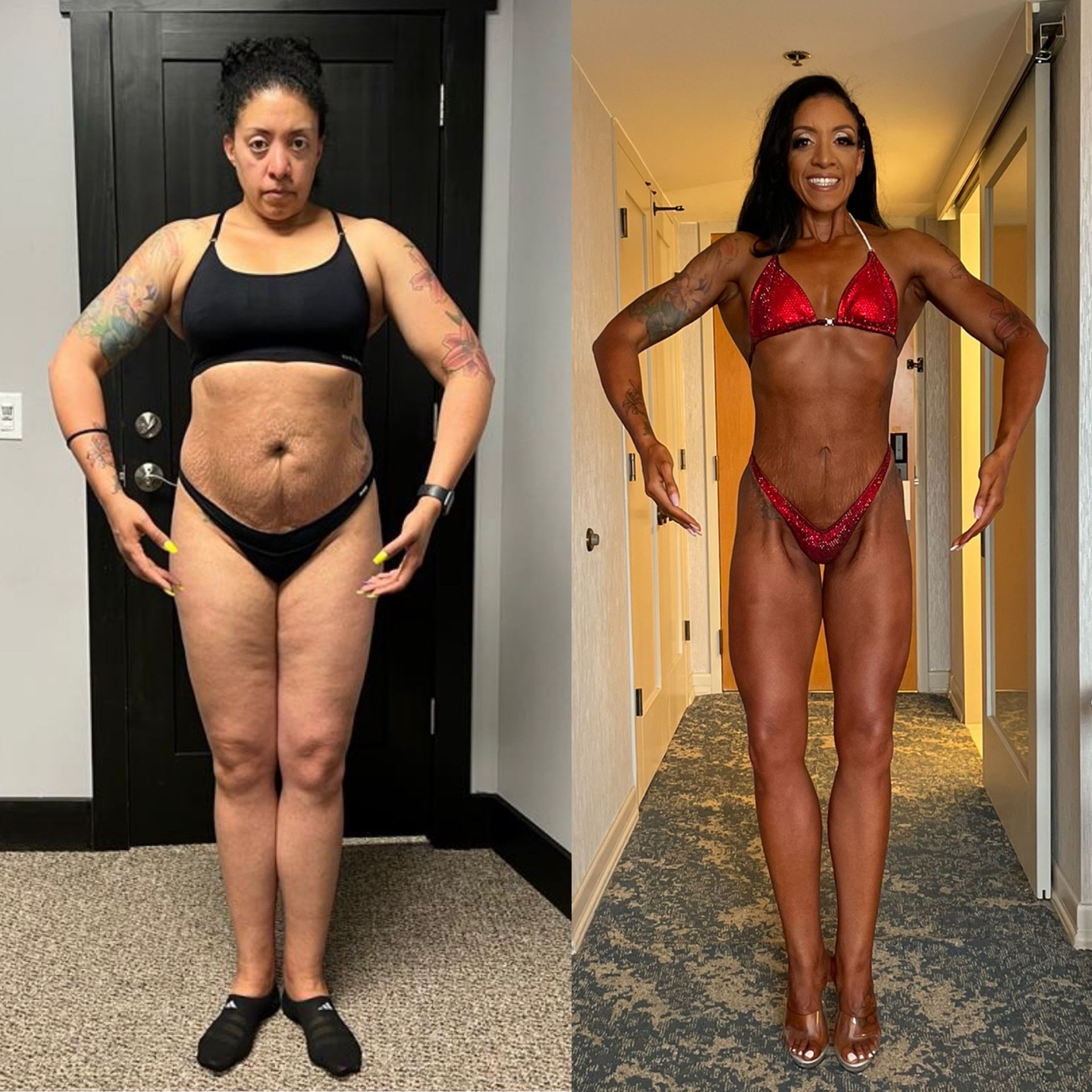 Woman's weight loss transformation: before and after shots.