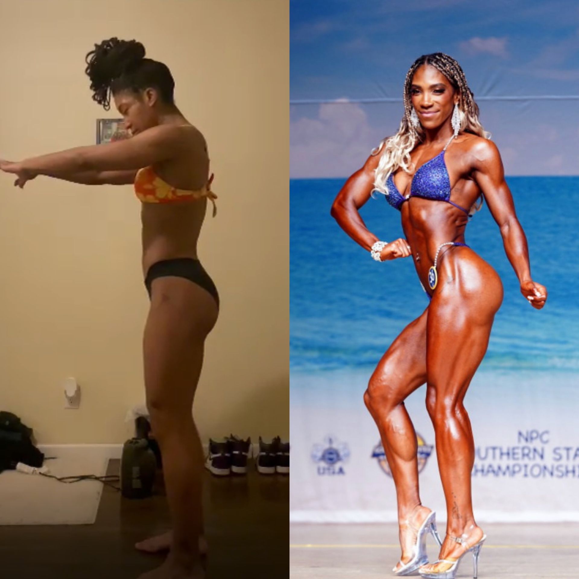 Side-by-side of a woman before and after fitness transformation.