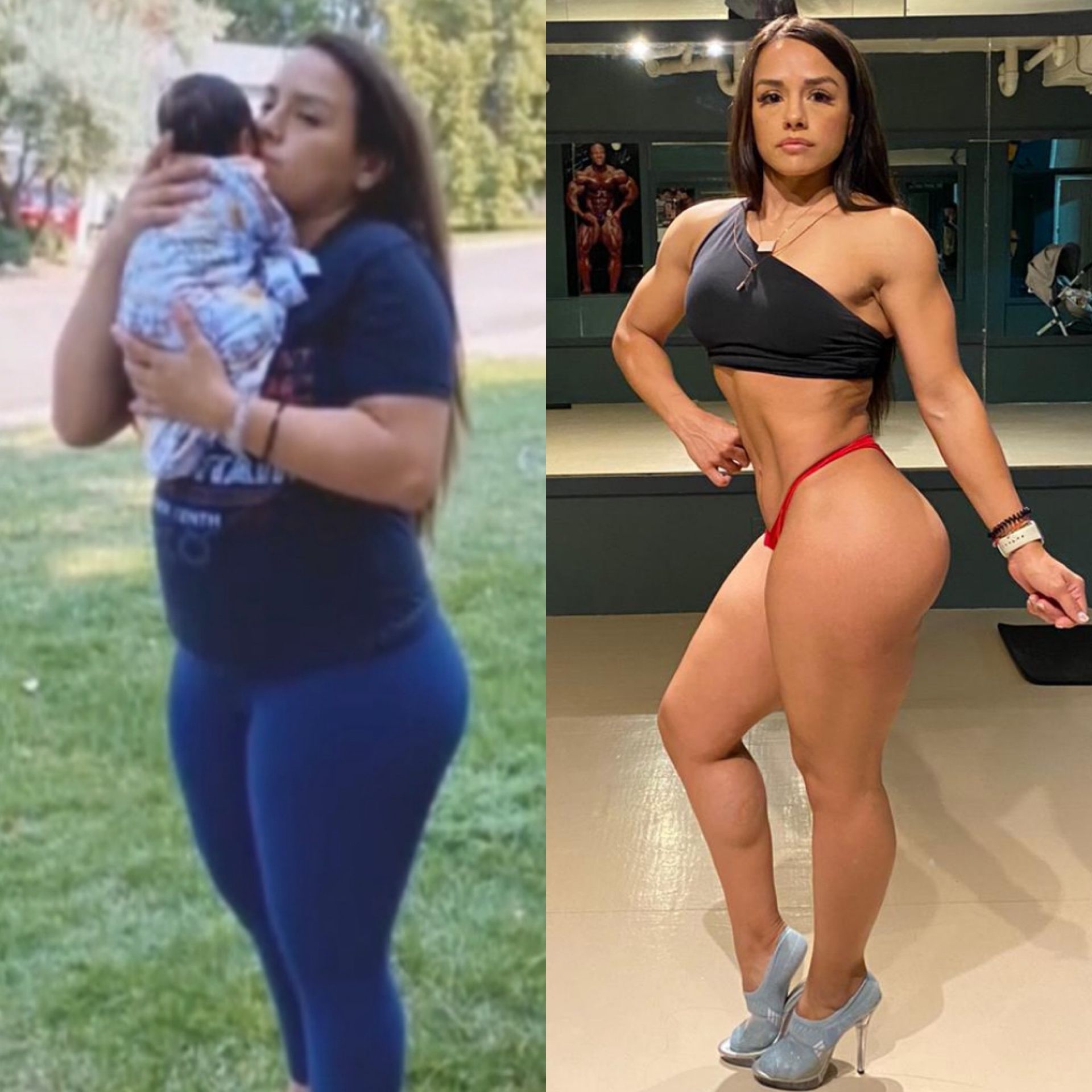 Woman holding a baby (left) transforms to a fit bodybuilder, posing in a gym.