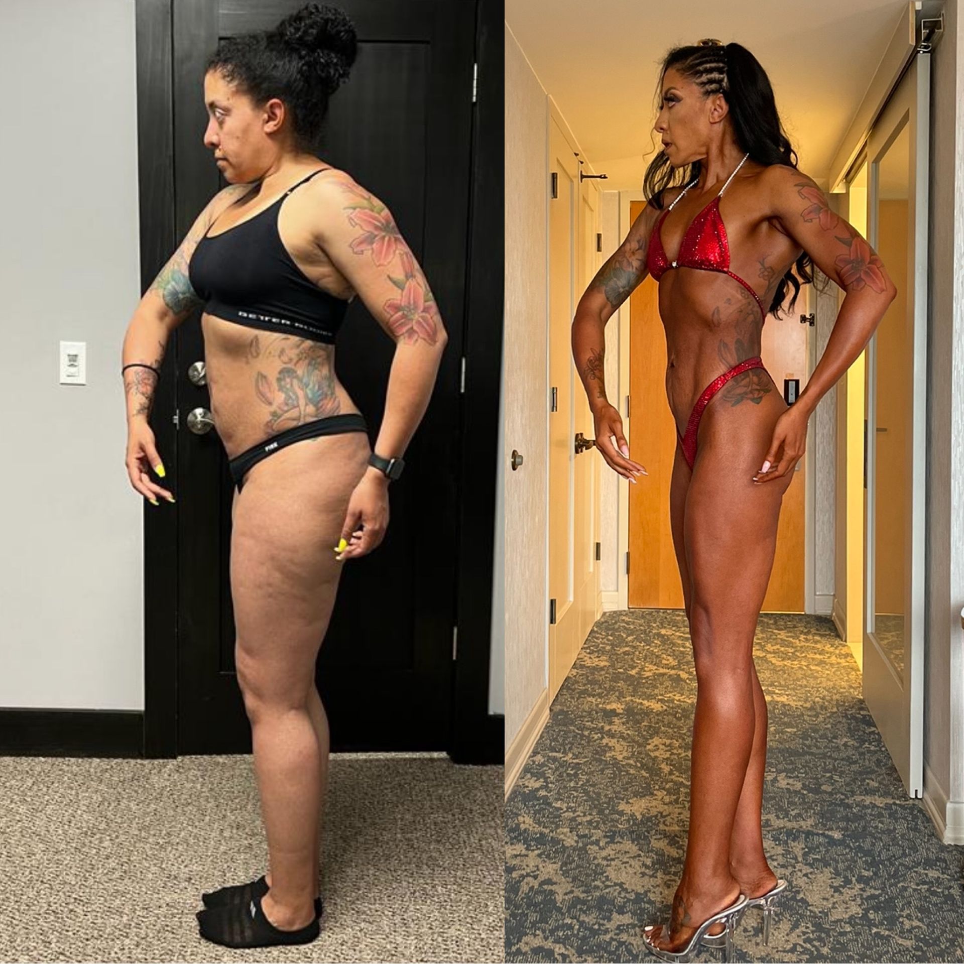 Side-by-side comparison: Woman, before and after fitness competition.