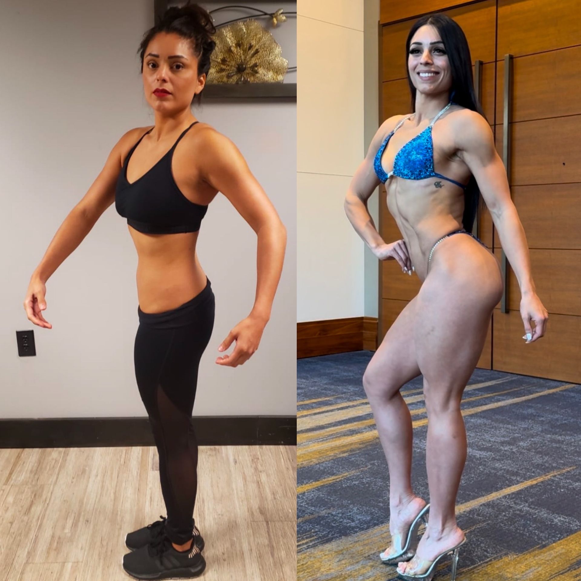 Before-and-after photo of a woman. Left: athletic with leggings, sports bra. Right: muscular posing in a bikini.
