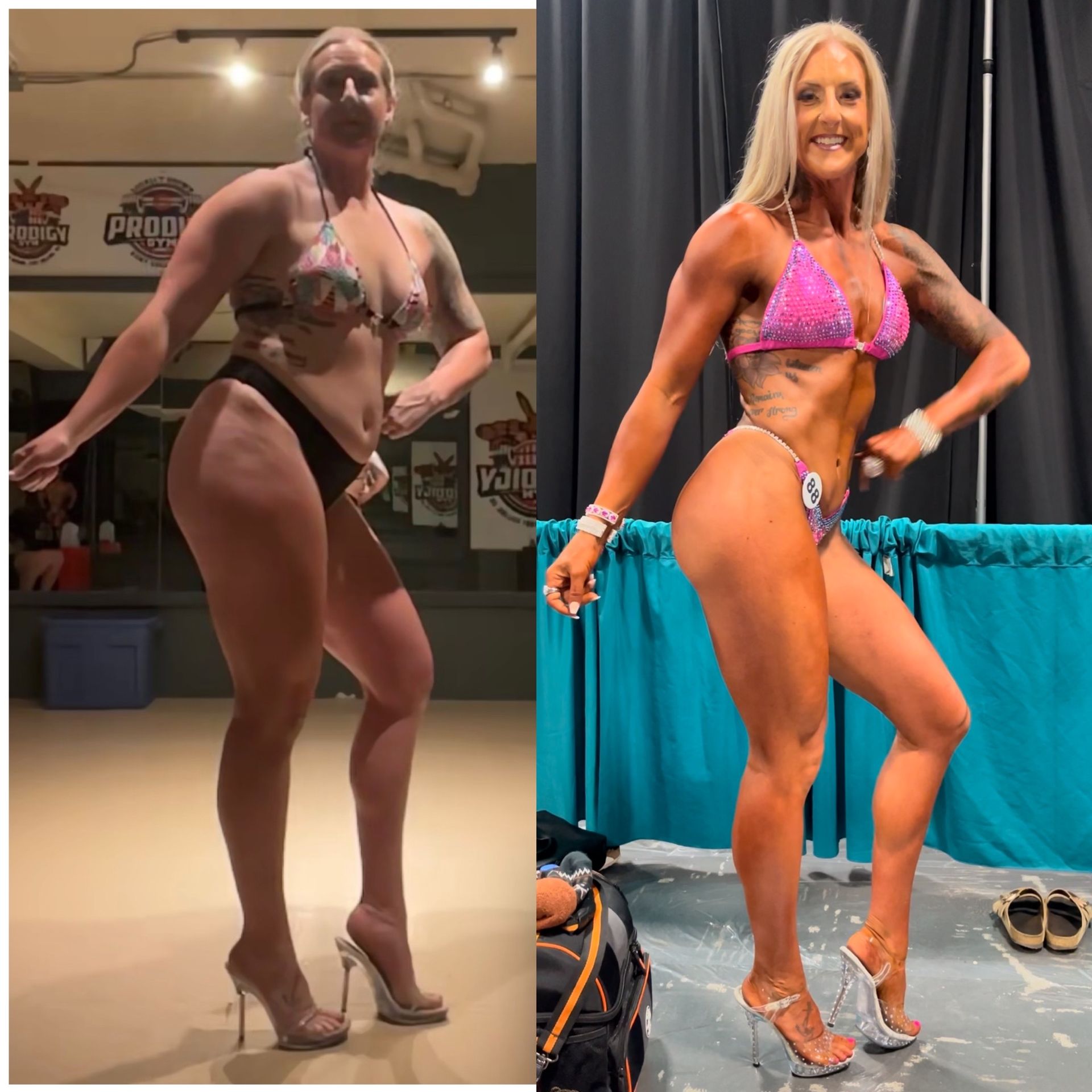 Before and after photos: blonde woman in bikinis, posing for a bodybuilding competition;