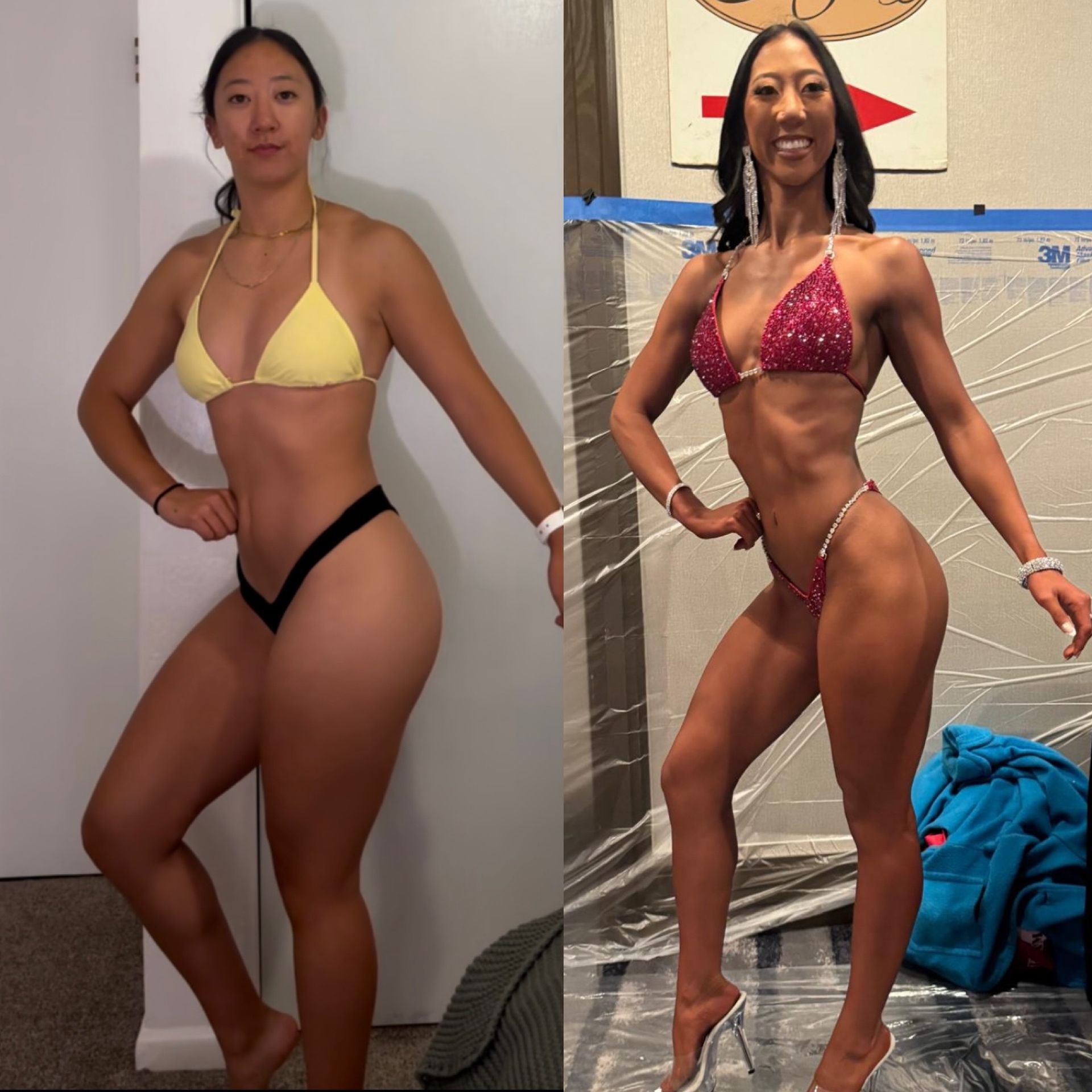 Side-by-side comparison of a woman's physique transformation. Left, in yellow bikini, right, in red bikini, posing for a bodybuilding competition.
