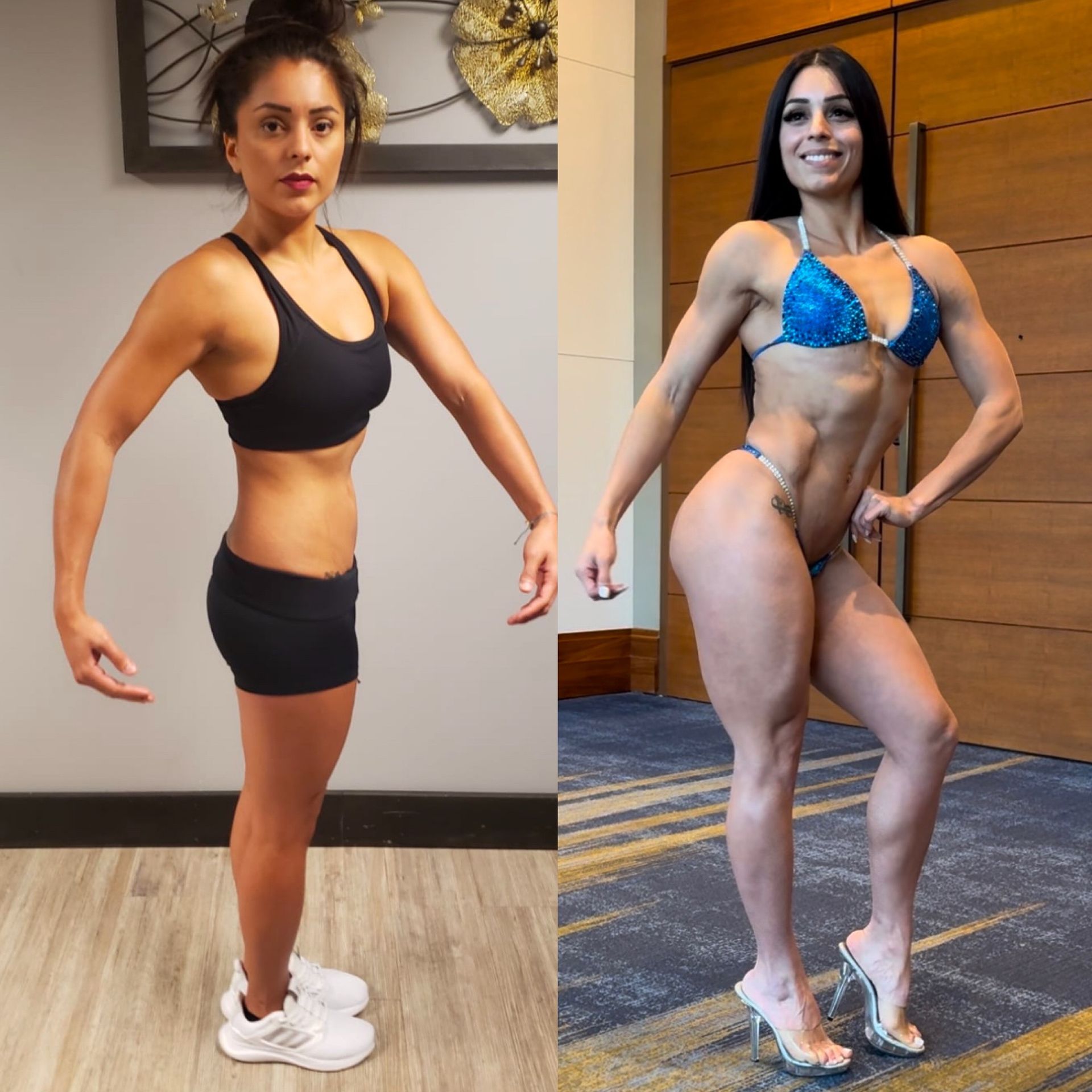 Woman's transformation: Before, in athletic wear; After, posed in a sparkly blue bikini, on stage.