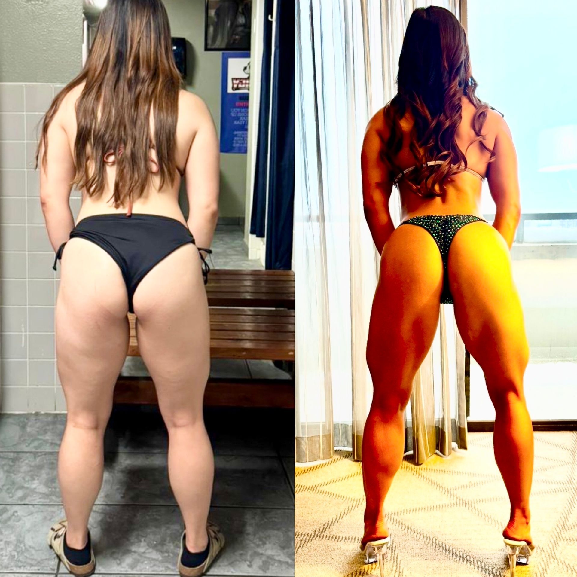 Side-by-side comparison of a woman's physique. The before photo shows a more relaxed build, and the after a muscular, toned figure.