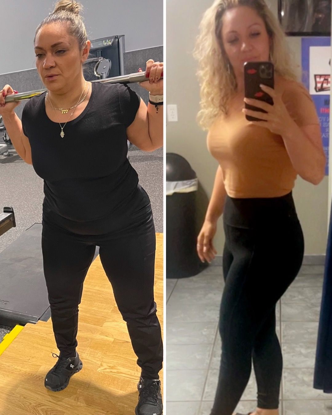 Woman before and after weight loss. Left: Squatting at gym. Right: Posing in leggings and top.
