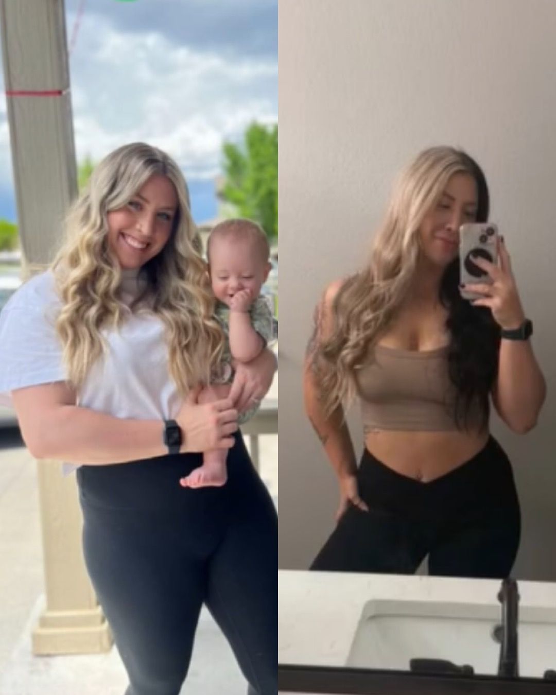Woman holding baby before, and posing in front of mirror after weight loss, wearing workout clothes.