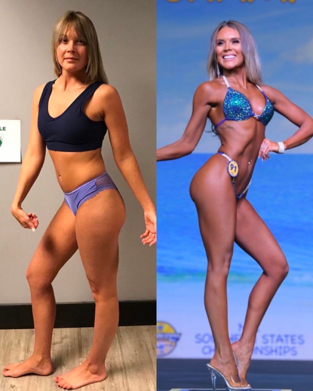 Woman before and after a fitness transformation, smiling in a bikini, on a stage.