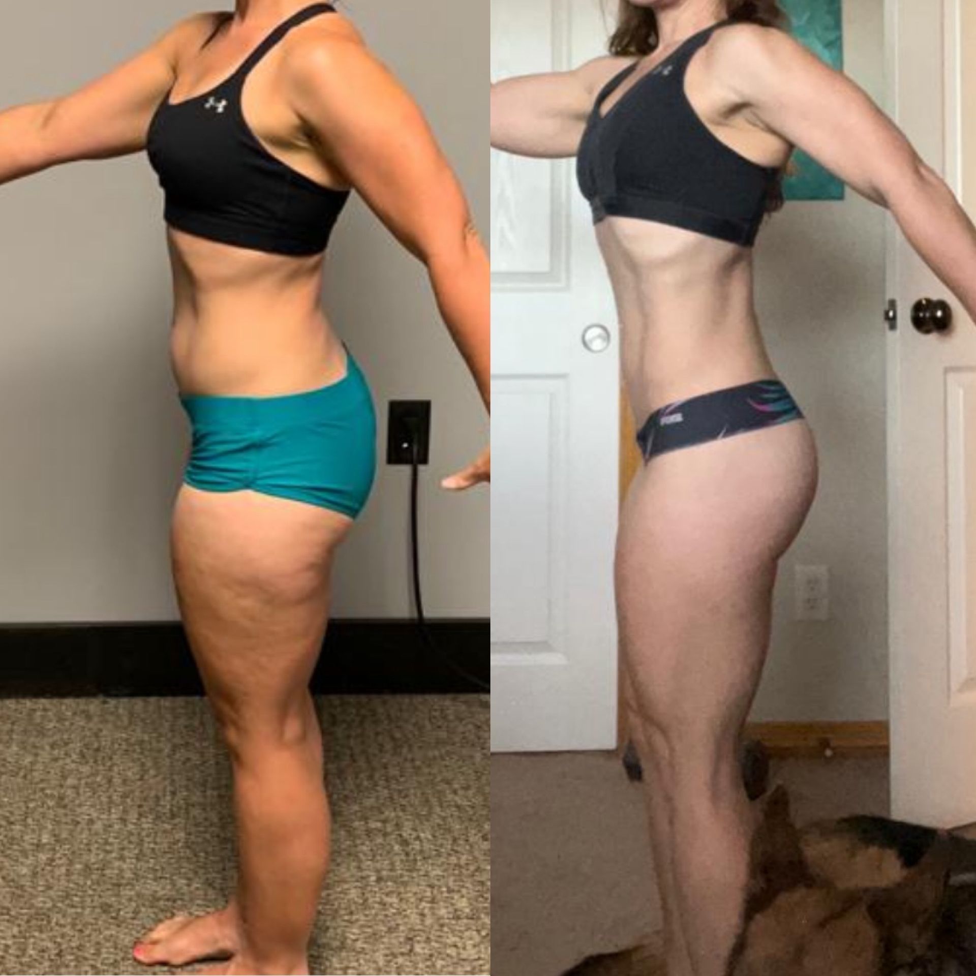 Woman's side-by-side transformation photos.