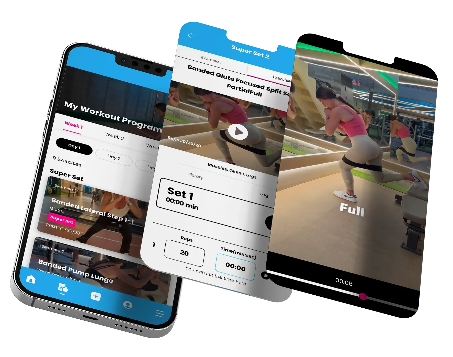 Screenshots of a workout app on a phone: shows workout programs, exercise videos, and instructions.