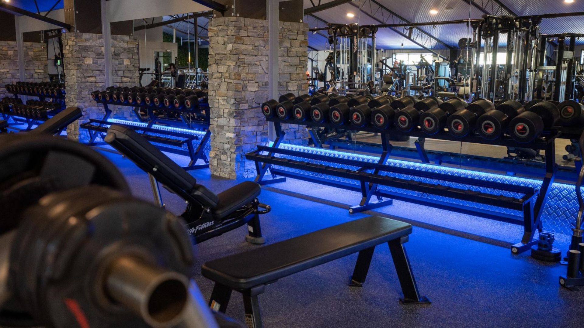 A gym with a lot of dumbbells and a bench.