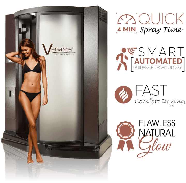 A woman in a bikini is standing in front of a tanning room